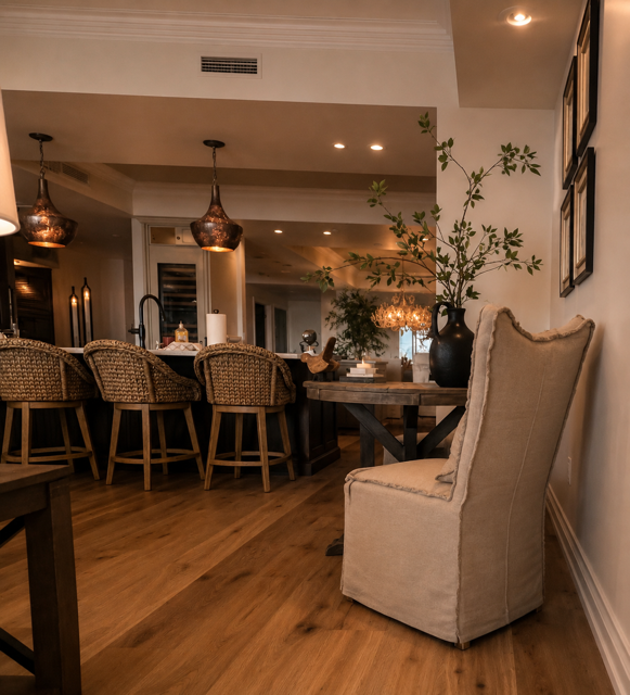 Warm, modern dining room with woven barstools, pendant lights, and a beige armchair by the wall