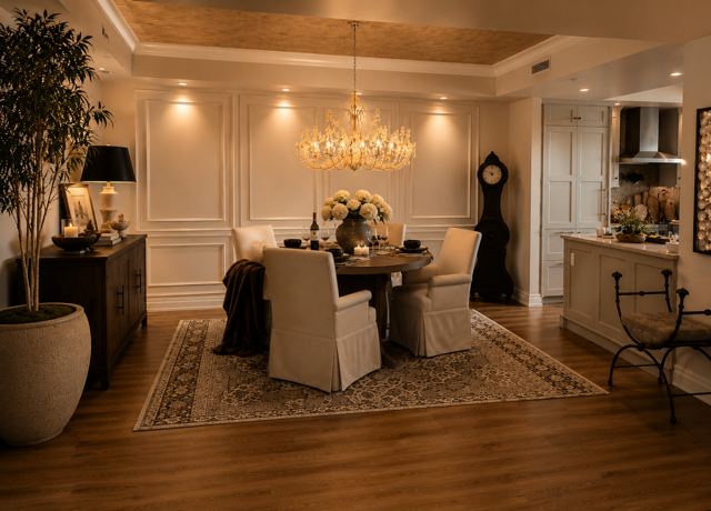 Elegant dining room with chandelier, set table, white chairs, and warm beige decor.