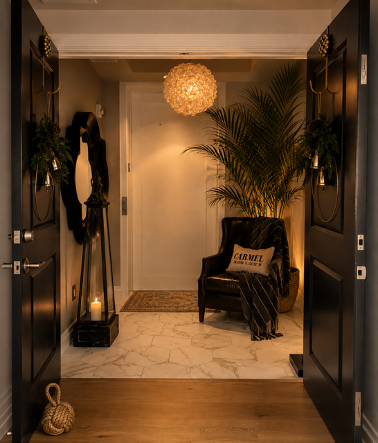 Stylish entryway with black doors, wicker chair, potted palm, hanging lamp, and warm lighting