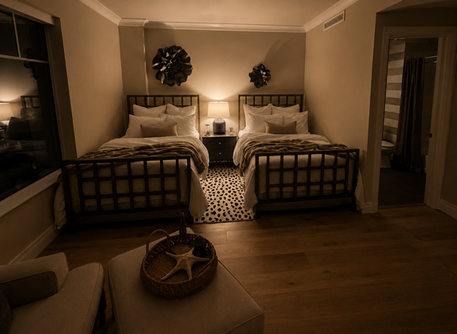 Cozy bedroom with two beds, warm lighting, patterned rug, and neutral decor