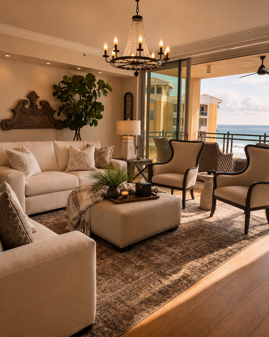 Elegant coastal living room with beige seating, chandelier, and ocean-view windows