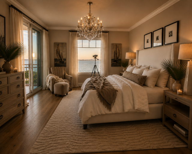 Warm, elegant bedroom with a chandelier, beige decor, bed, mirrored dressers, and a window seat