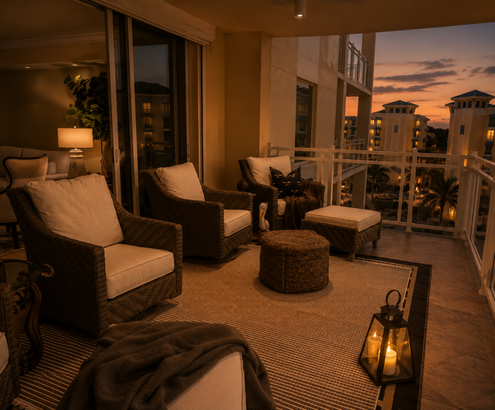 Cozy balcony with wicker chairs, lanterns, and city skyline at sunset