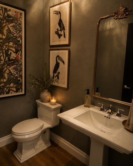 Elegant bathroom with pedestal sink, toilet, gold-framed mirror, and framed bird art on gray walls