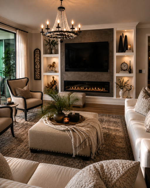 Elegant living room with fireplace, chandelier, neutral sofas, and a tufted ottoman centerpiece