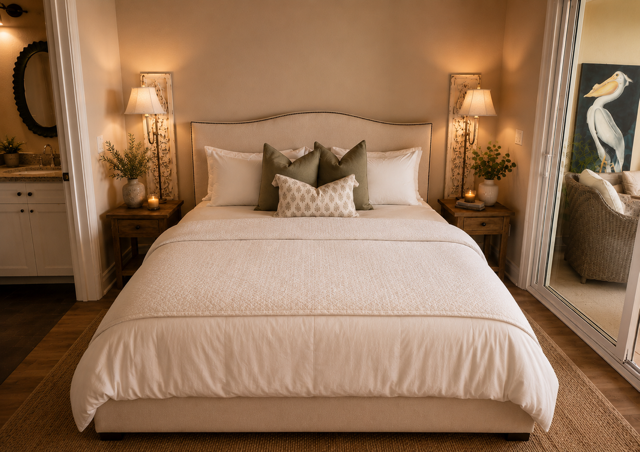Cozy bedroom with a neatly made bed, warm lamps, and a mirrored closet.
