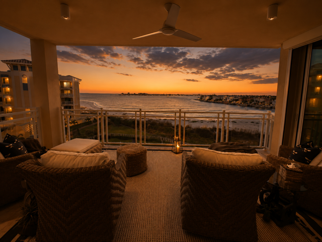 Balcony lounge at sunset overlooking the ocean, with wicker chairs and warm orange sky.