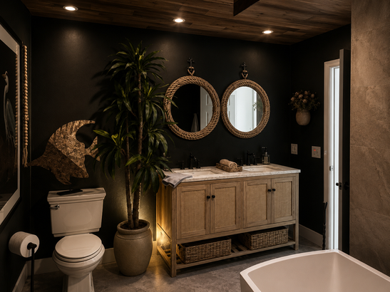 Modern bathroom with dark walls, woven vanity, round mirrors, toilet, potted plant, and wood ceiling lighting