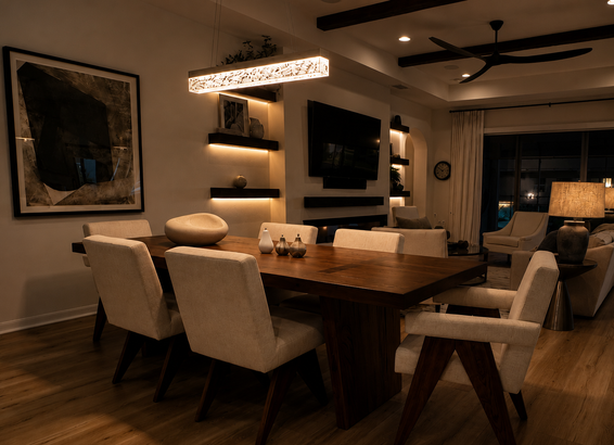 Modern dining room with a wooden table, cream chairs, wall art, and warm ambient lighting.