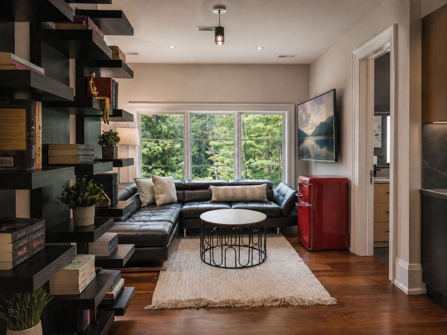 Modern living room with a gray sofa, red cabinet, round coffee table, and large window view of greenery.