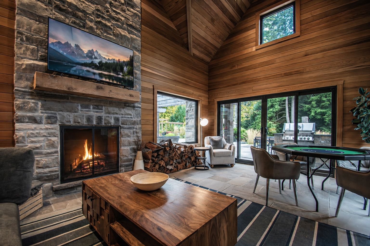Cozy wood-paneled cabin living room with stone fireplace, mountain art, and dining area by large windows