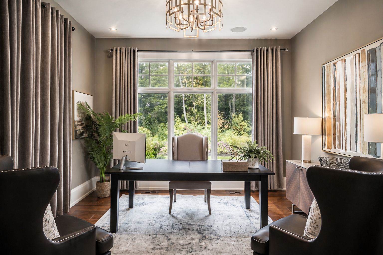 Elegant home office with a black desk, beige chairs, and large windows overlooking greenery.