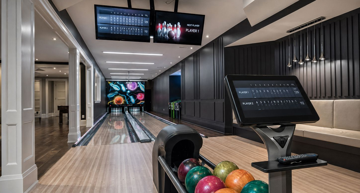 Modern bowling alley with lanes, glowing pins, scoring screens, and ball return system
