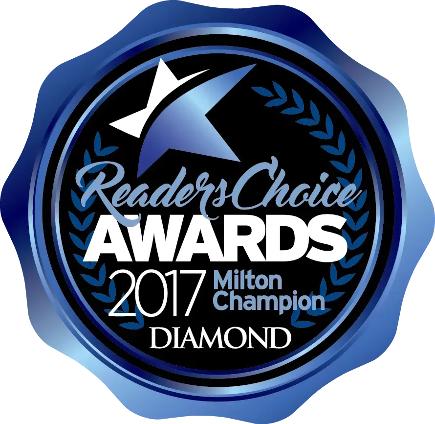Blue circular Readers' Choice Awards 2017 Milton Champion diamond badge with white text