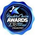Blue award ribbon logo reading “Readers’ Choice Awards 2018 Champ Diamond”
