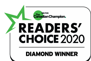 The Hamilton Canadian Champion Readers’ Choice 2020 Diamond Winner badge with green star logo