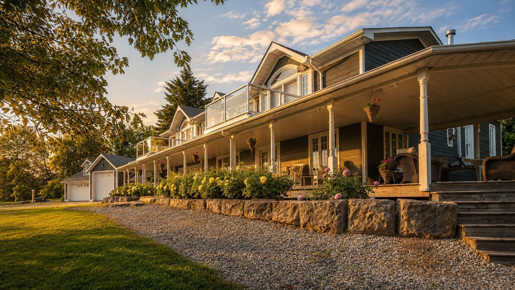 Sunlit farmhouse with a long porch, stone foundation, and gravel driveway at dusk