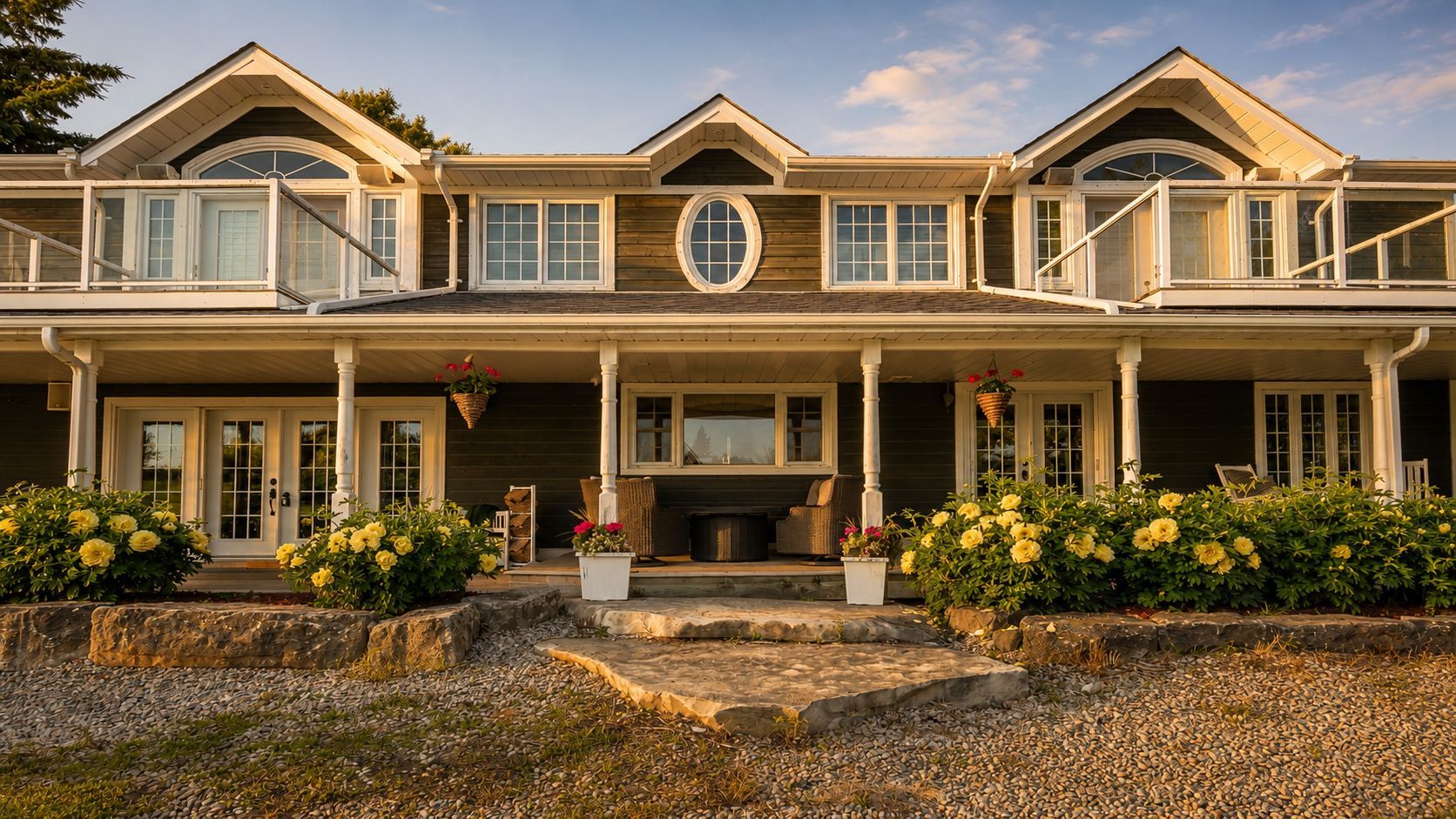 Large rural house with a wraparound porch and stone front garden in autumn light