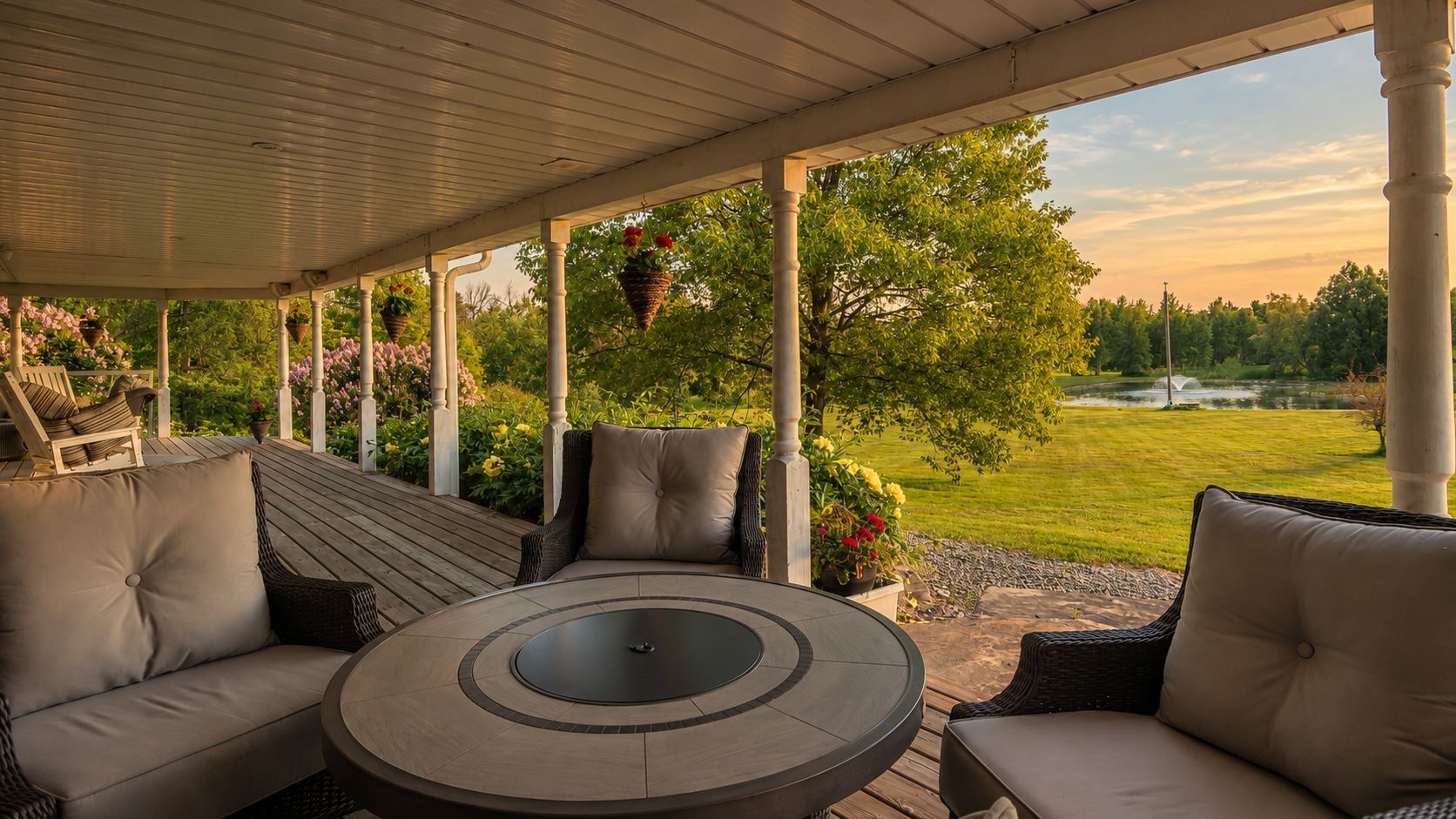 Covered patio with cushioned seating and round fire pit overlooking a green yard at sunset