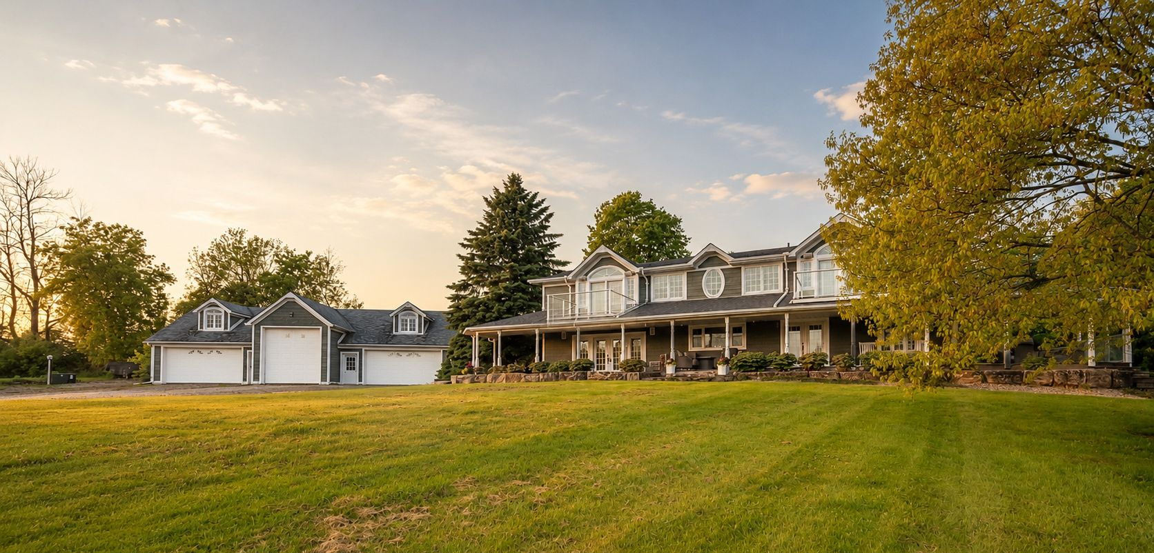 Large house with a wraparound porch and detached garage beside a grassy lawn and autumn trees at sunset