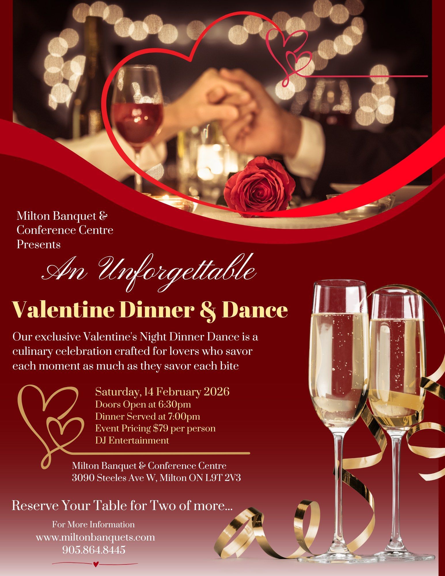 Valentine's Day dinner & dance flyer. Red and gold design with champagne, roses, hands holding, and event details.