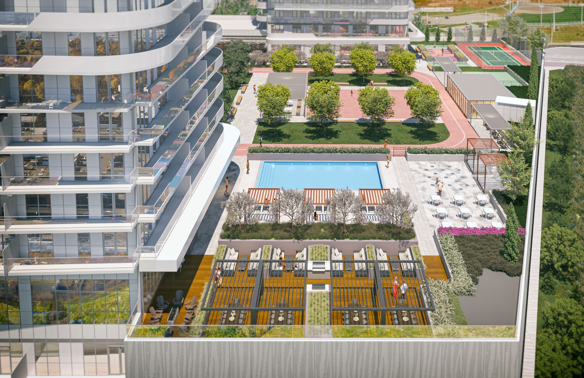 Aerial view of a building's rooftop with a pool, cafe, seating, and green spaces.