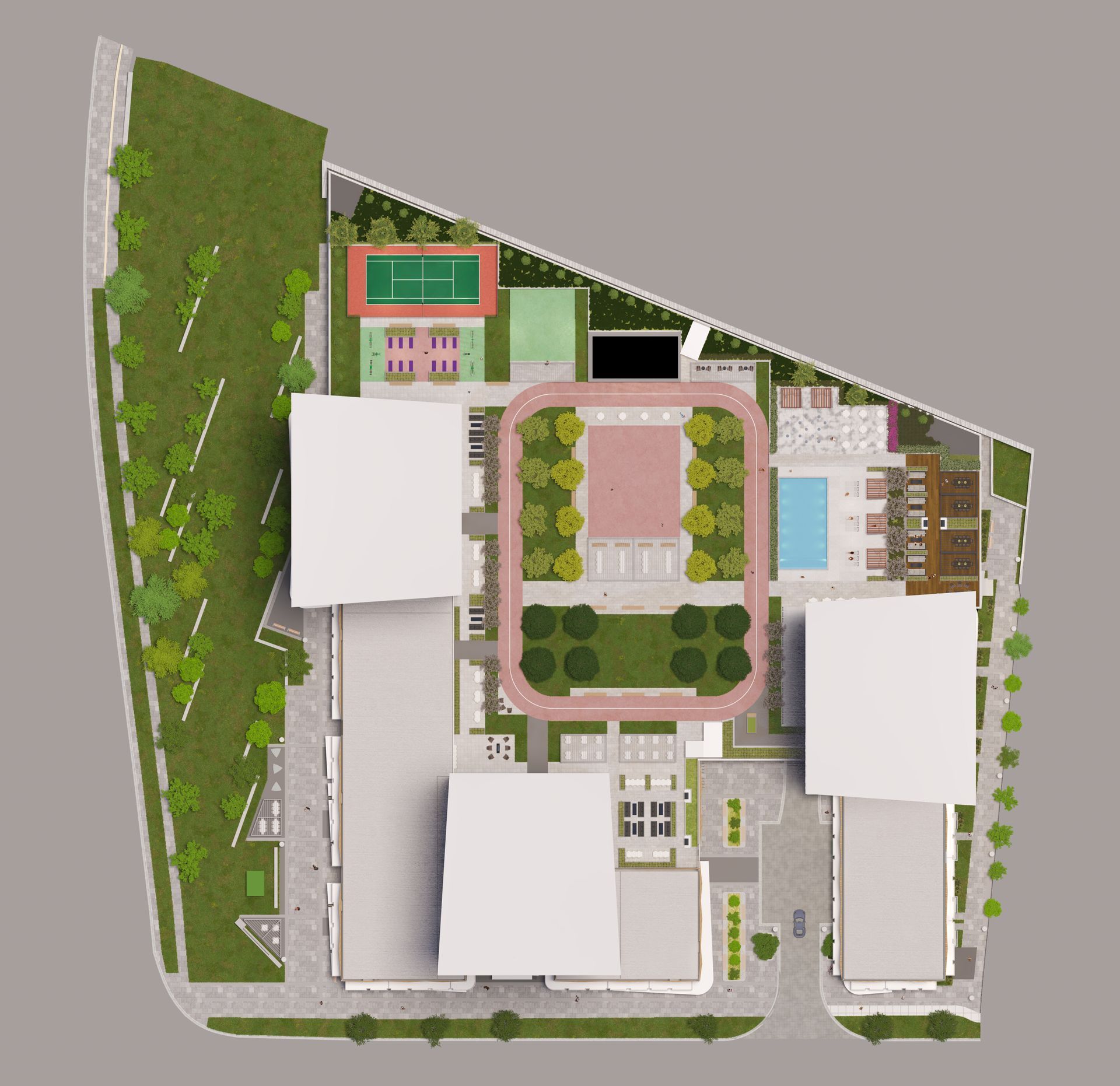 An aerial view of a large building with lots of buildings and trees