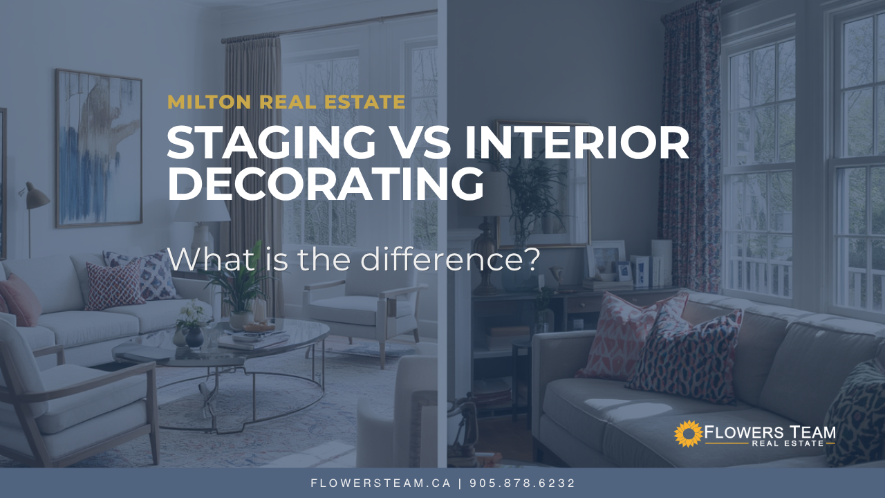 Luxury living room with text “Staging vs Interior Decorating” and “What is the difference?”
