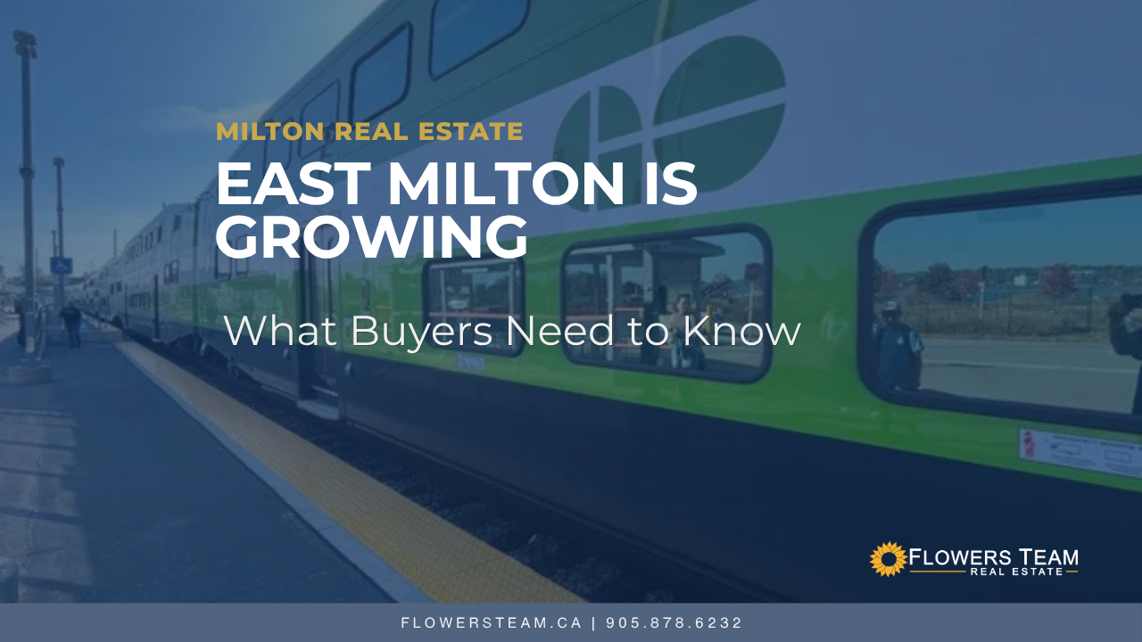 Milton Real Estate graphic: “East Milton is Growing” with “What Buyers Need to Know” over a neighborhood scene