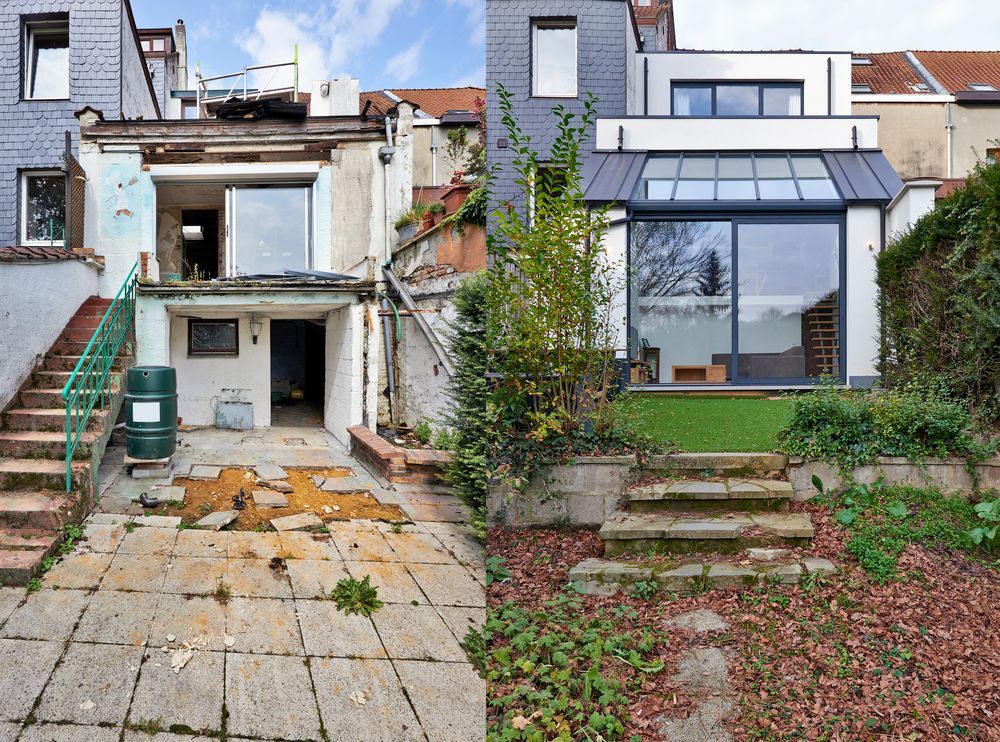 Before and after of a house renovation. The left side shows a run-down exterior and the right, a modern, finished exterior.