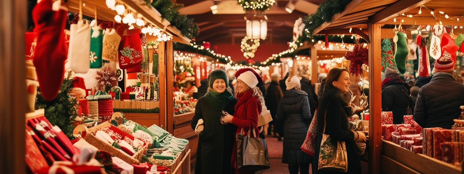 A group of people are shopping at a christmas market.