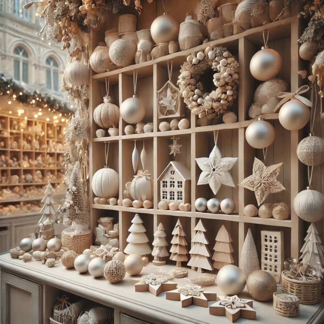 A display of neutral-toned Christmas ornaments and decorations on shelves and a counter.