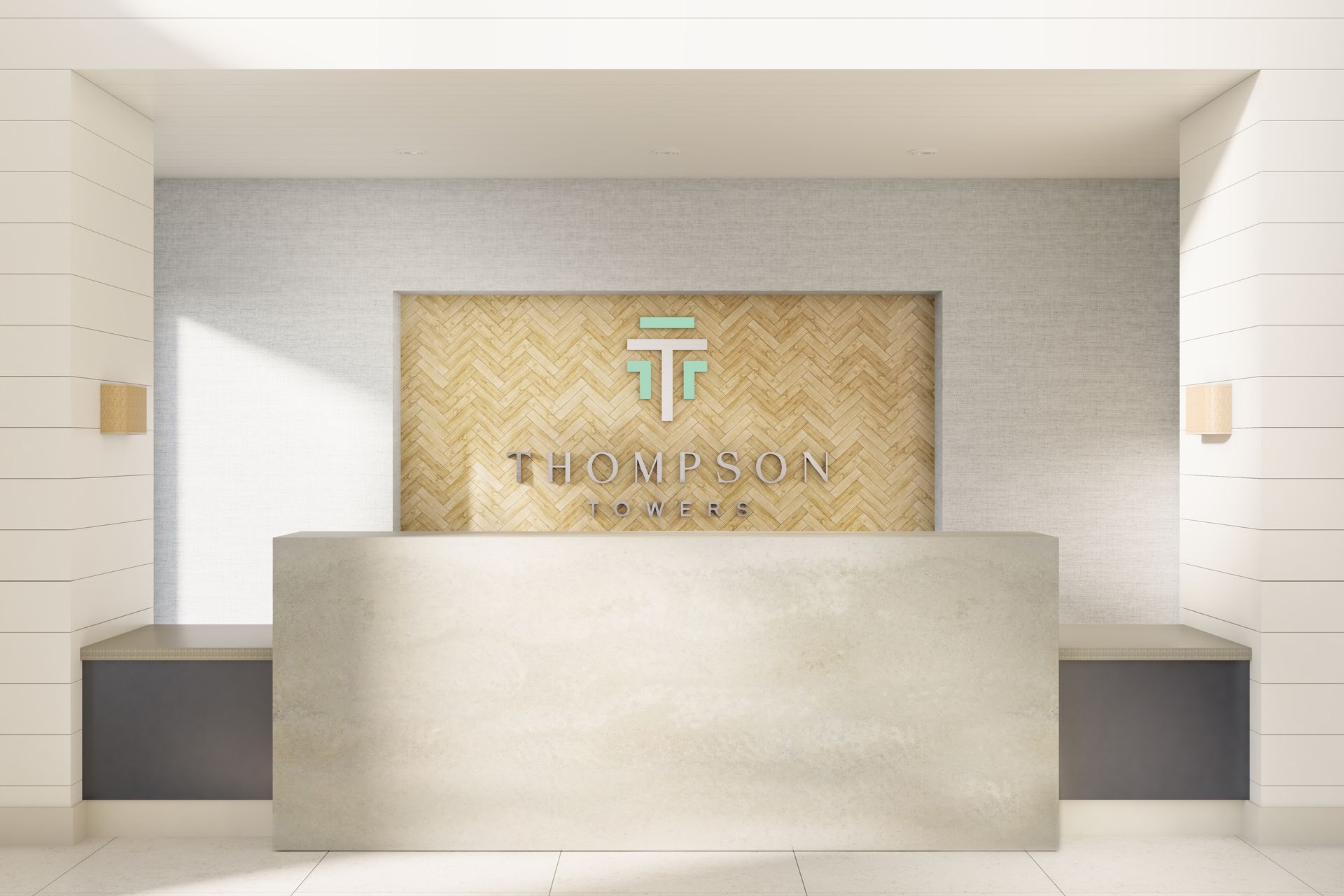 A reception area with a sign that says thompson on it