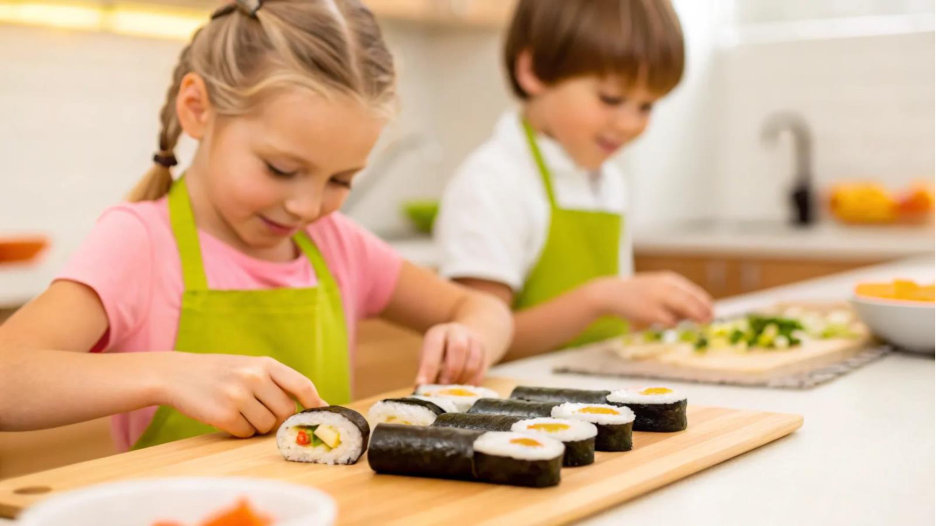 Two children making sushi in a kitchen, wearing aprons and focused on cutting rolls.