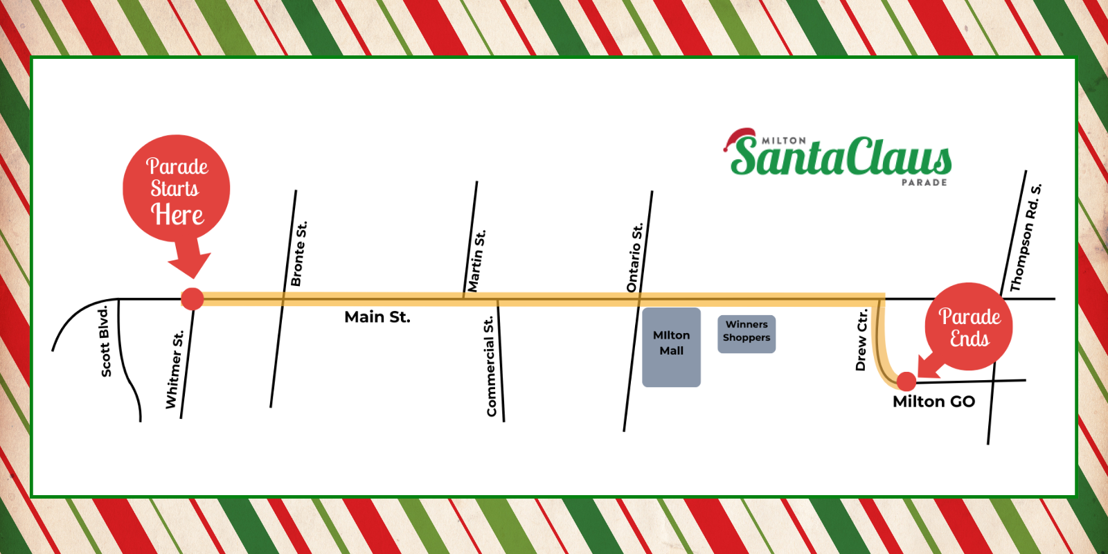 A map of santa claus ' route with candy canes in the background
