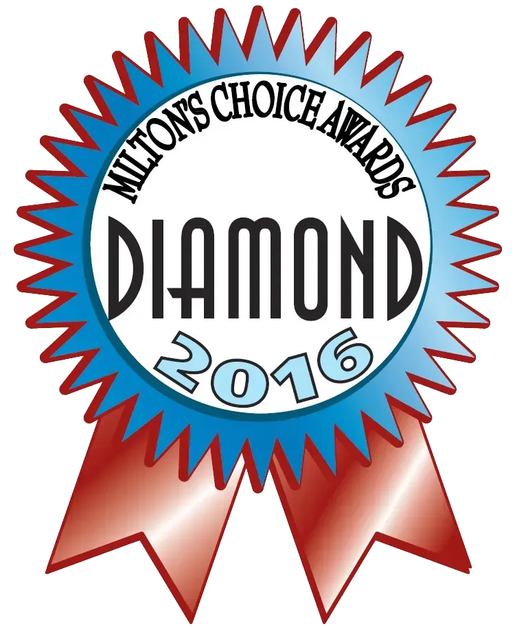 Milton’s Choice Awards Diamond 2016 ribbon badge with blue center and red ribbons