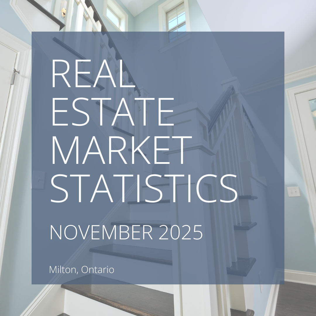 Real Estate Market Statistics, November 2025. Text over a staircase photo.