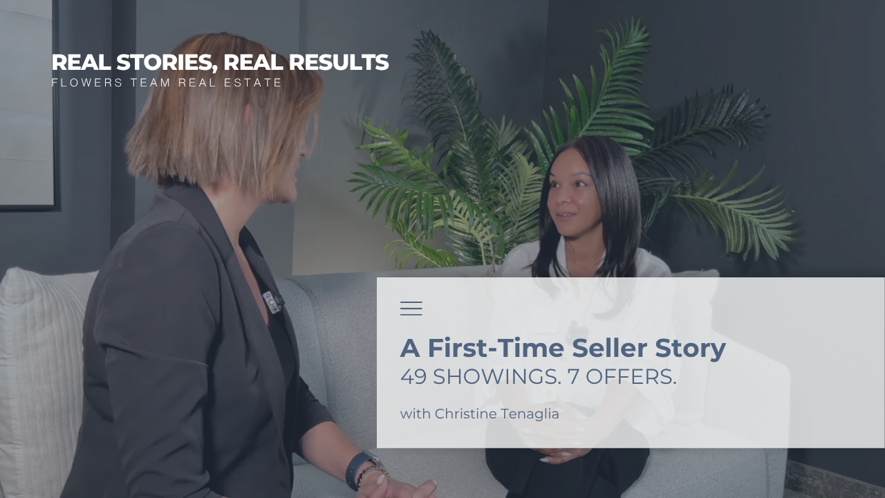 Two people talking in a modern office, with a sale listing card overlay on the screen