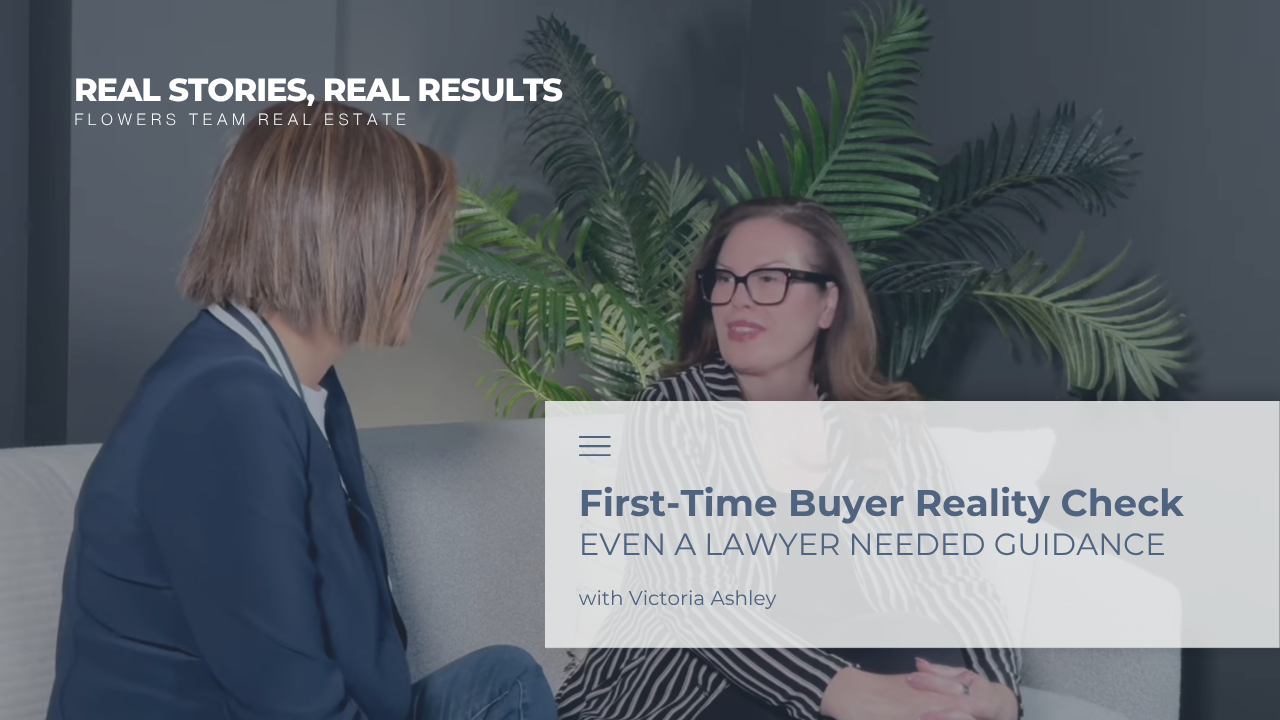 Two people in conversation beside a sign reading “First-Time Buyer Reality Check” in a leafy office setting