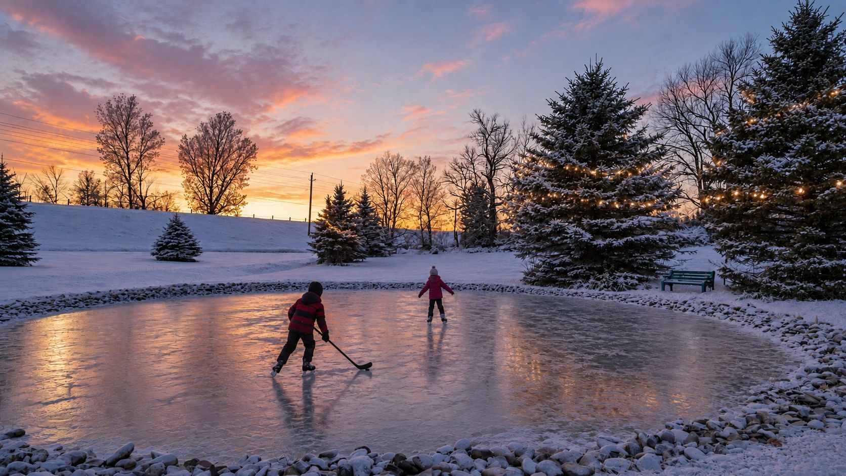 Two skaters on a frozen pond at sunset, with snowy trees and a colorful winter sky.