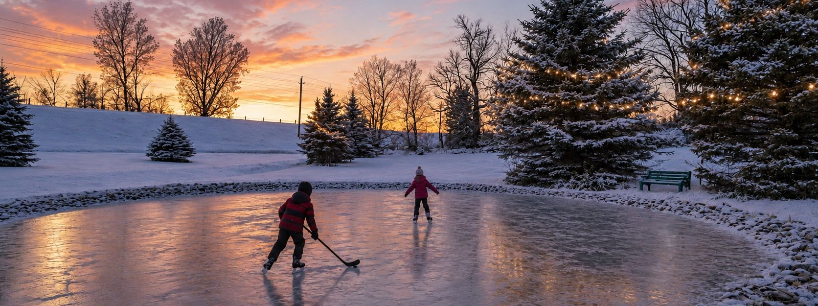 kids skating on pond at a country home near Milton, Ontario.