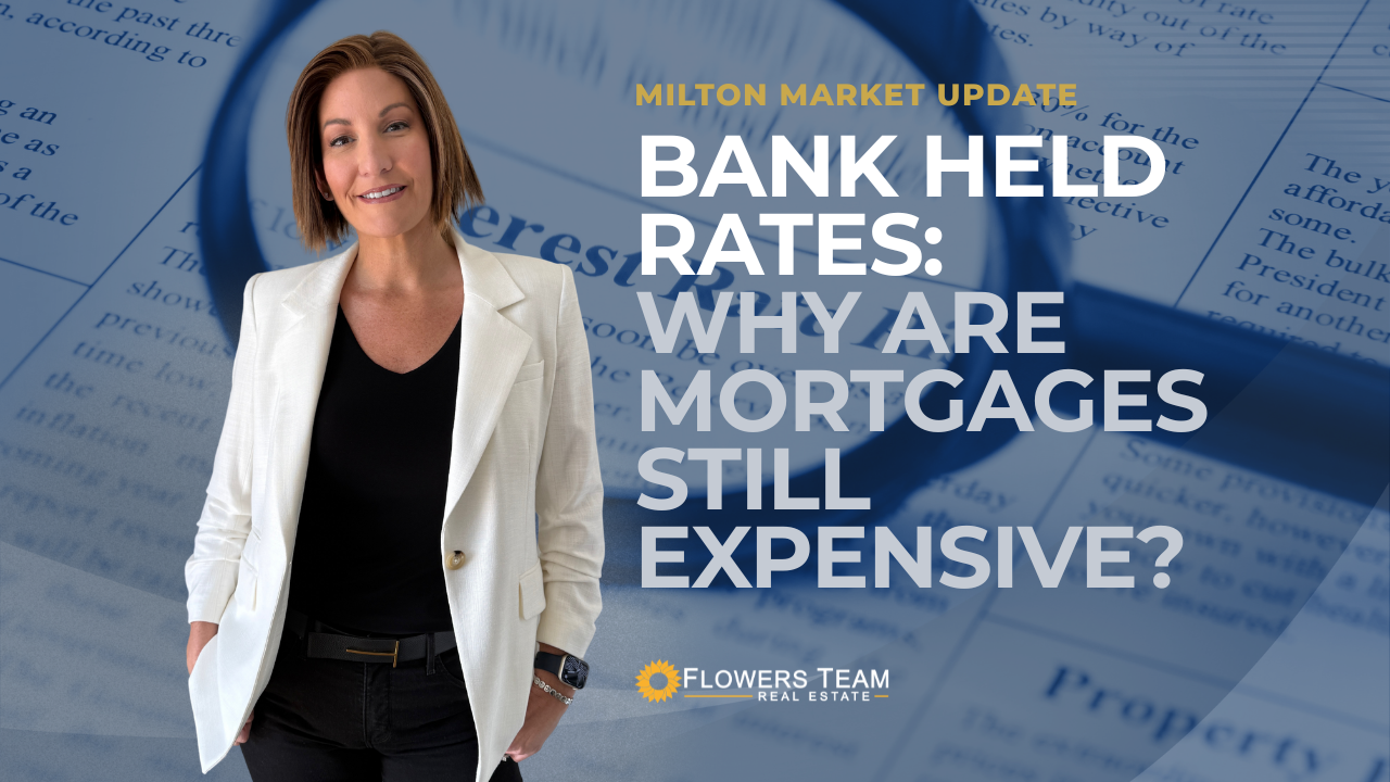 Woman in white blazer beside text reading, “Bank held rates: Why are mortgages still expensive?”