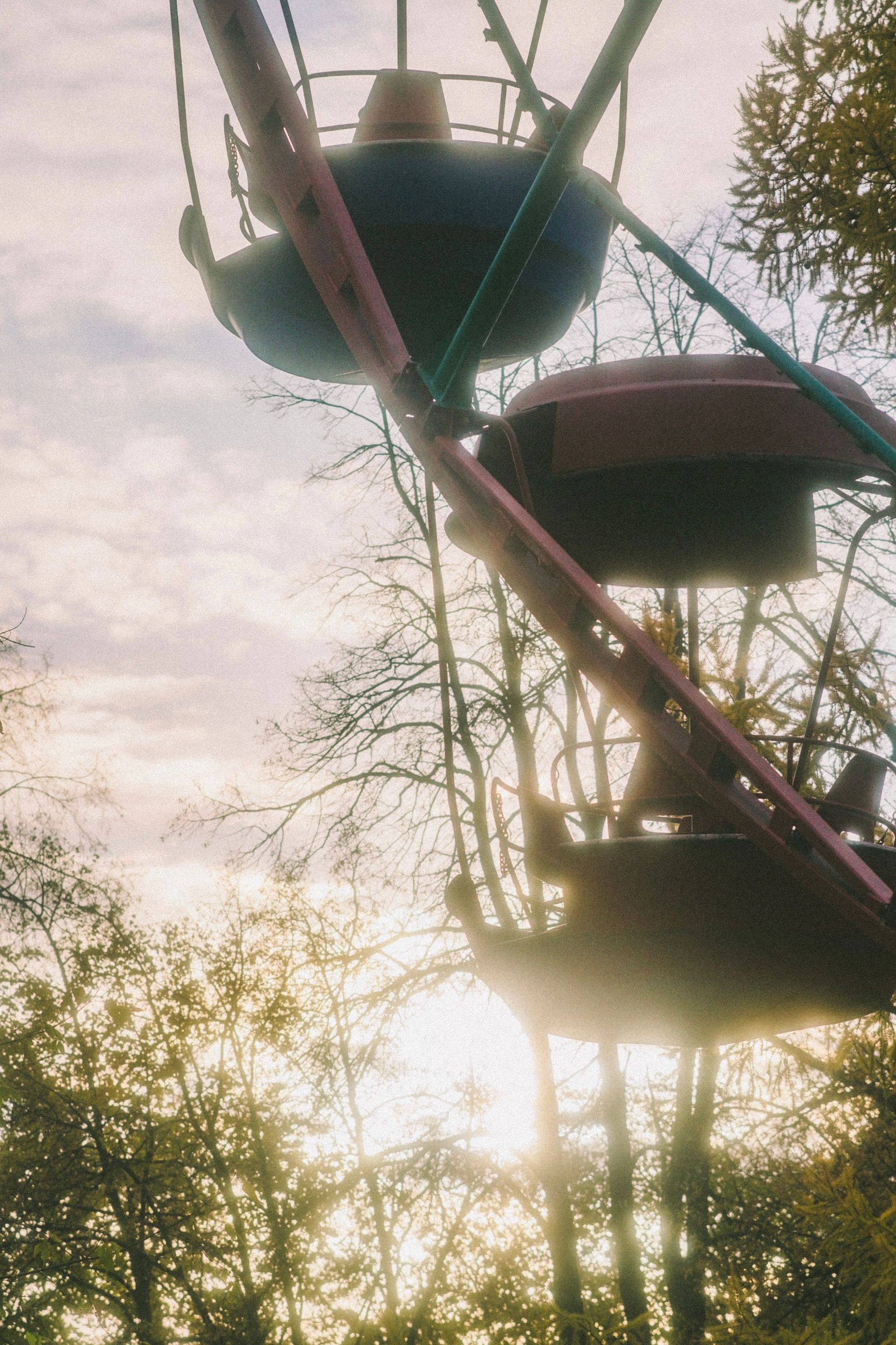 Ferris wheel cabins silhouetted against a bright sunset sky with trees in the foreground