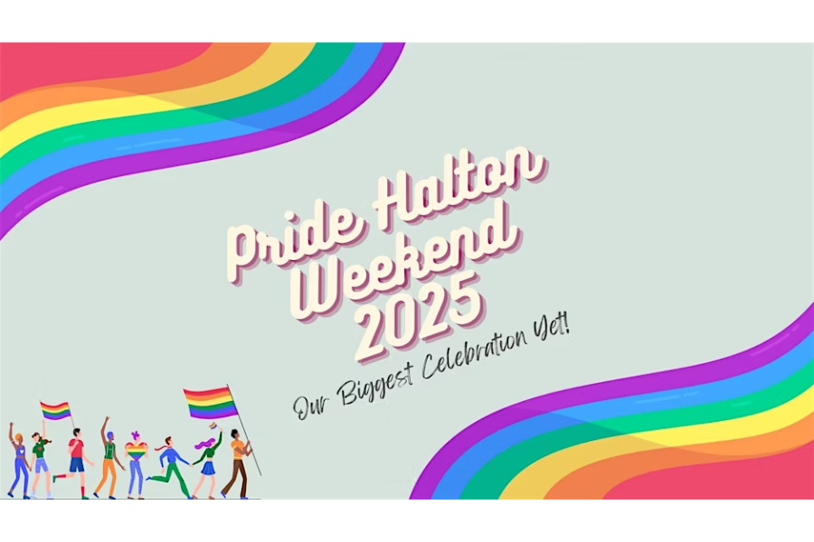 A poster for the pride weekend in 2025 with a rainbow background.