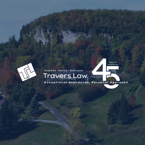 Travers Law logo over scenic cliffside landscape with “45” anniversary mark and tagline