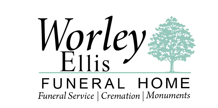 Worley Ellis Funeral Home logo with a green tree and tagline for funeral services, cremation, and monuments