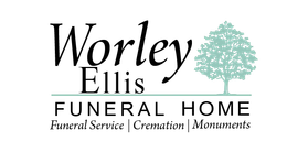 Worley Ellis Funeral Home logo with a green tree and tagline for funeral services, cremation, and monuments