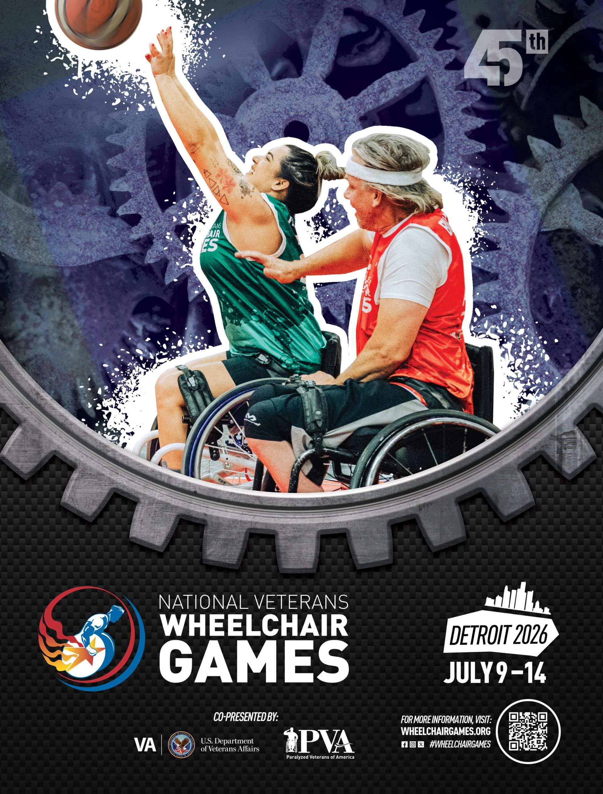 Wheelchair basketball event poster with two players, gear graphics, and dates July 9–14.