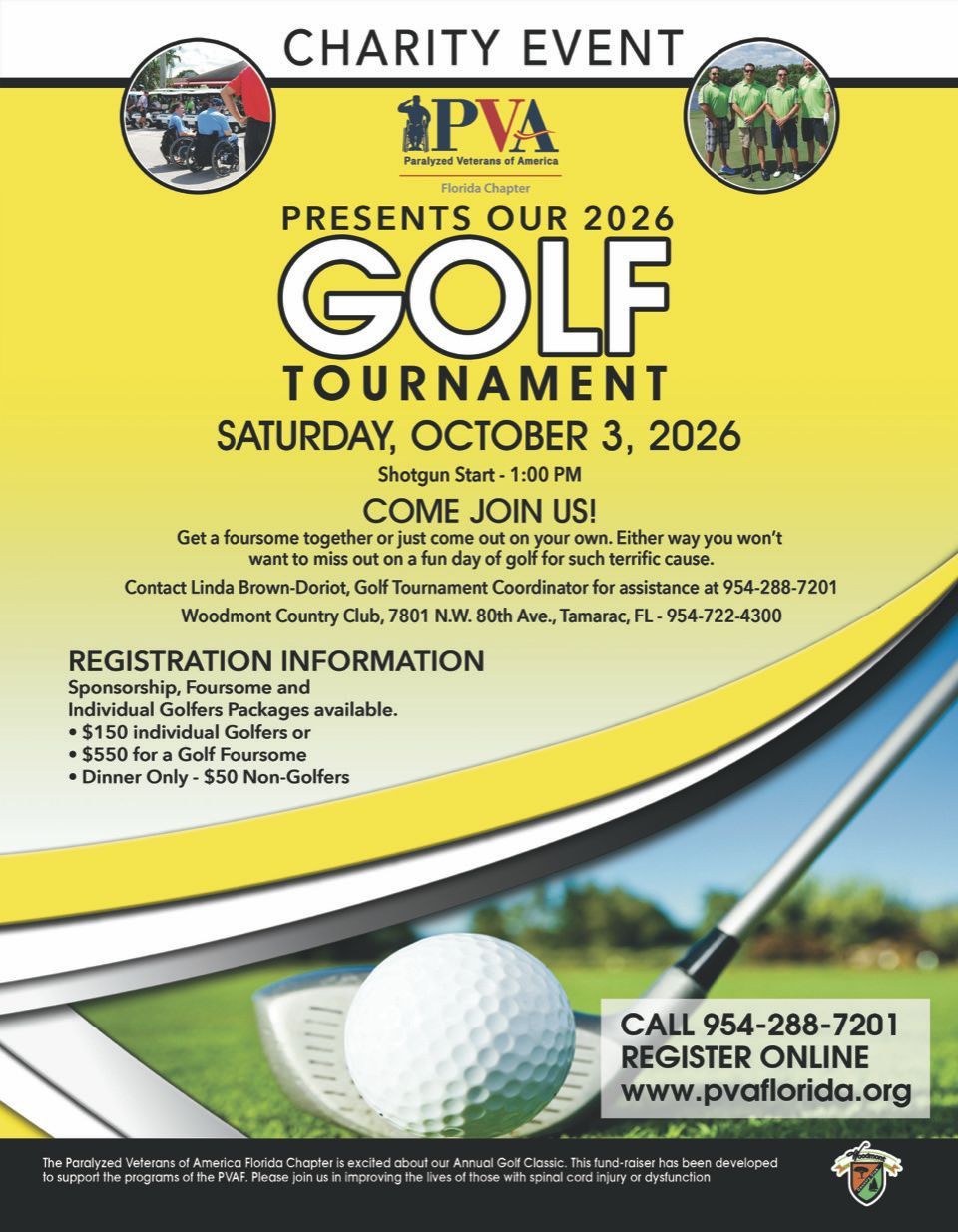 Charity event flyer for the 2026 PGA golf tournament, with date, registration info, and golf ball graphic
