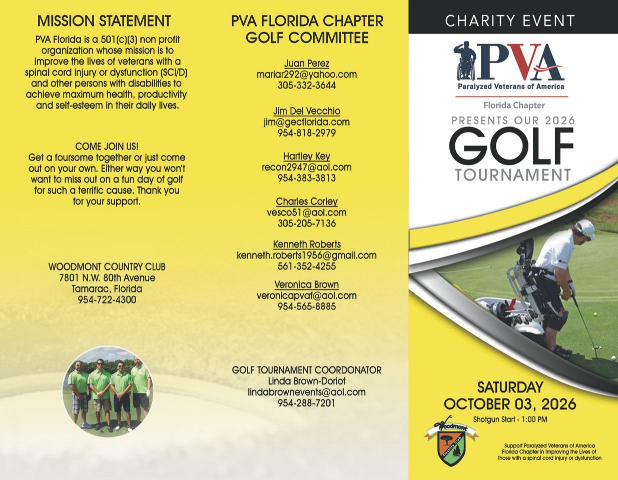 Charity event flyer for the 2026 PGA golf tournament, with date, registration info, and golf ball graphic